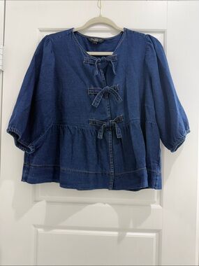 Velvet Heart Indigo Denim Tie-Front Peasant Blouse